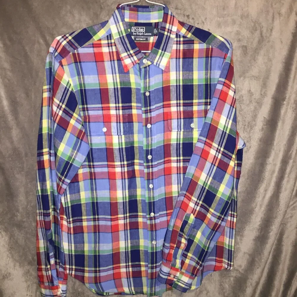 Polo Ralph Lauren Custom Fit 100% Linen Red Plaid Long Sleeve Shirt Men’s Large